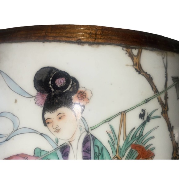 Antique Chinese porcelain &wood trinket box Fine Inlay Around Boarder 8”x7x3.5” - Picture 2 of 6